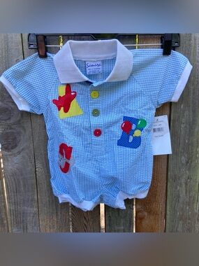 Vintage Samara blue-and-white gingham polo bubble romper 12-18mo NWT
